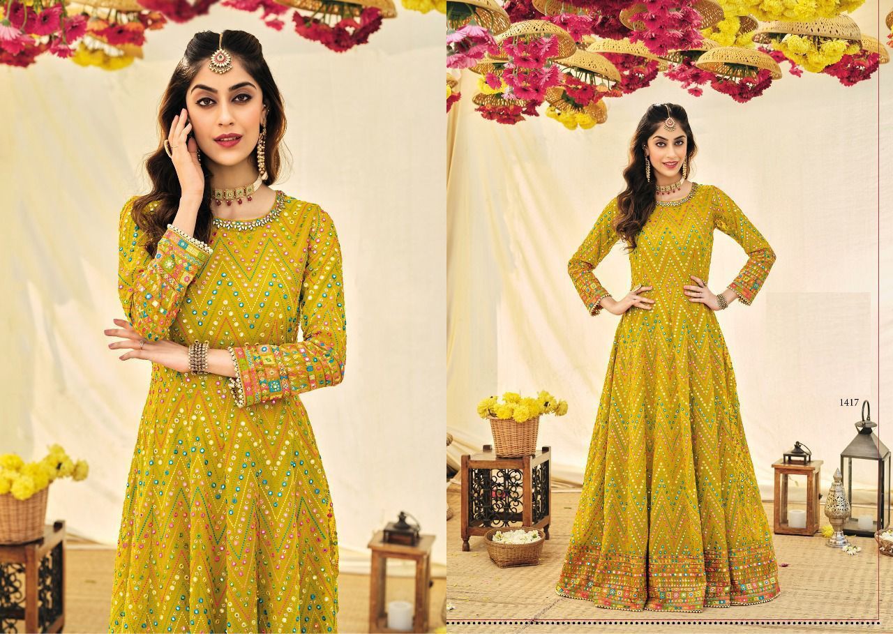 Yellow Haldi Reception Anarkali Wedding Gown In Georgette SFZ131936 –  ShreeFashionWear