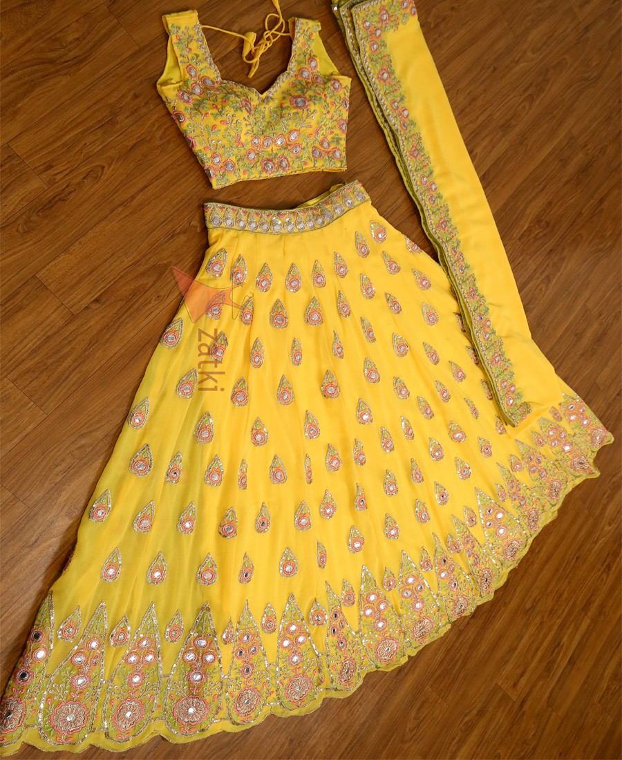 Buy Rama & Yellow Phulkari Pattern Girls Lehenga Choli – Mumkins
