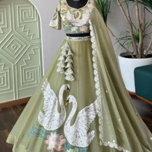 Pista Green Embroidered Lehenga Choli