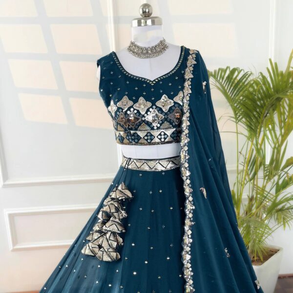 Teal Blue Mirror work Partywear Lehenga - Image 2