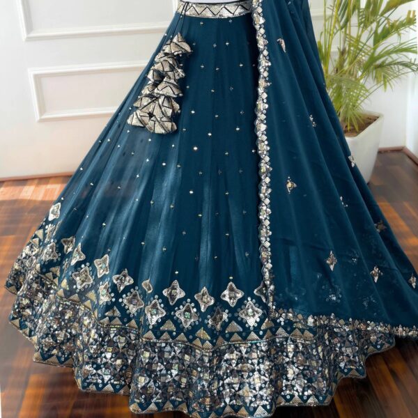Teal Blue Mirror work Partywear Lehenga - Image 3