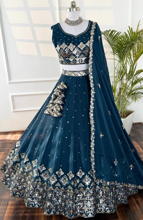 Teal Blue Mirror work Partywear Lehenga
