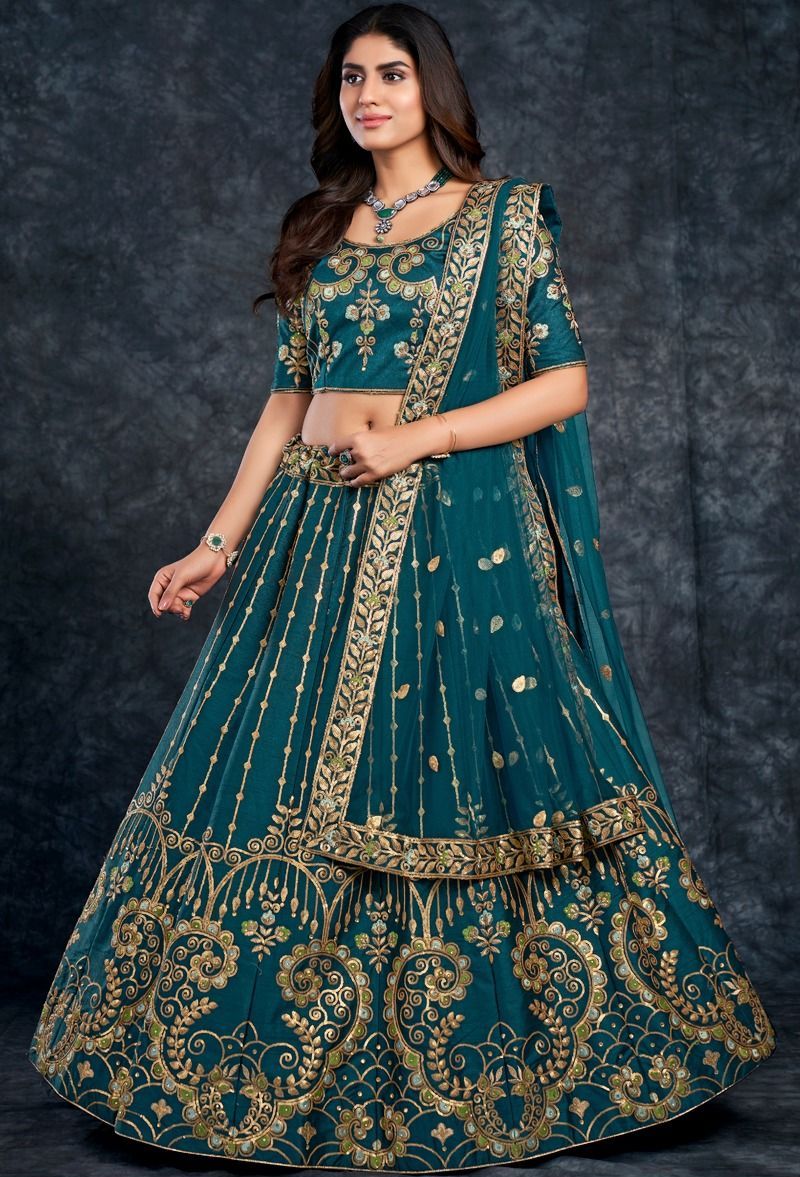Buy Blue 100 Grams Pure Raw Silk Embroidery Leaf Neck Bridal Lehenga Set  For Women by Suhino Online at Aza Fashions.